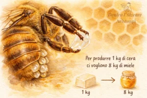 Ape operaia che raccoglie una scaglia di cera appena prodotta dalle ghiandole con le zampe posteriori