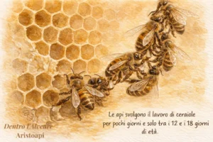Gruppo di api operaie che lavorano insieme per costruire un favo di cera con celle esagonali perfette