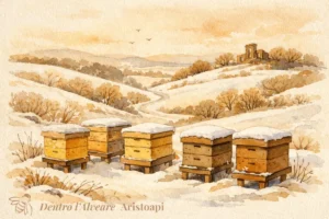 Illustrazione Arnie in inverno nel Parco di Veio - api formano glomere all'interno