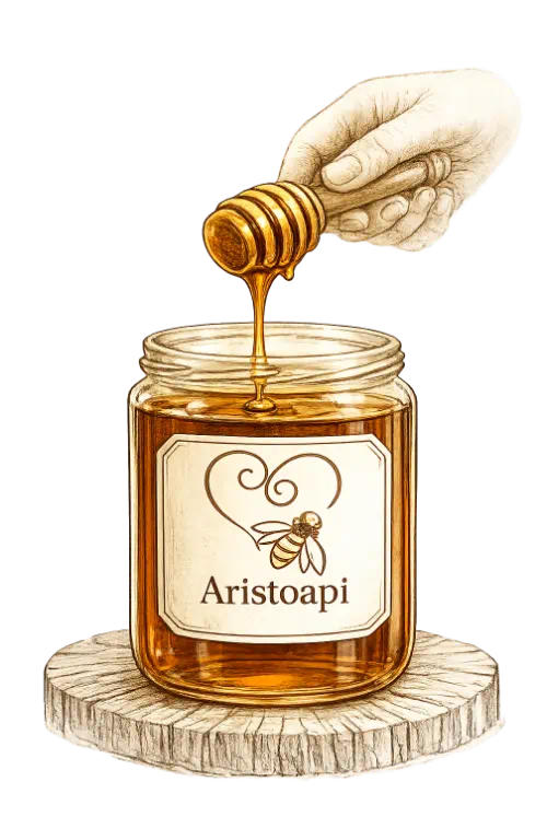 Illustrazione di un vasetto di miele Aristoapi con etichetta e miele che cola da un cucchiaio