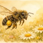 Ape bottinatrice anziana con ali consumate dopo settimane di voli intensi per raccogliere nettare e polline. Il lavoro logorante è la principale causa che determina quanto vive un'ape
