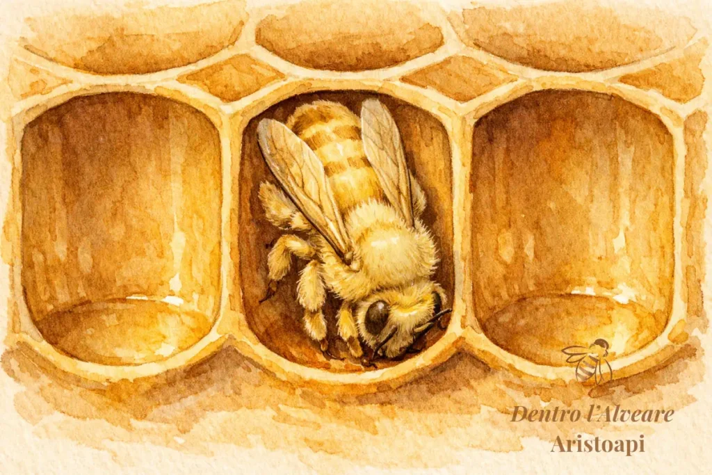 Ape operaia appena nata pulisce cella esagonale vuota con mandibole rimuovendo residui e detriti