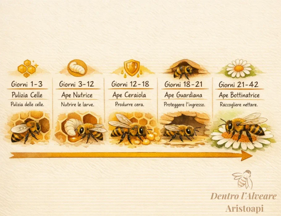 Infografica timeline vita ape operaia: 1-3 giorni pulizia, 3-12 nutrice, 12-18 costruttrice, 18-21 guardia, 21-42 bottinatrice